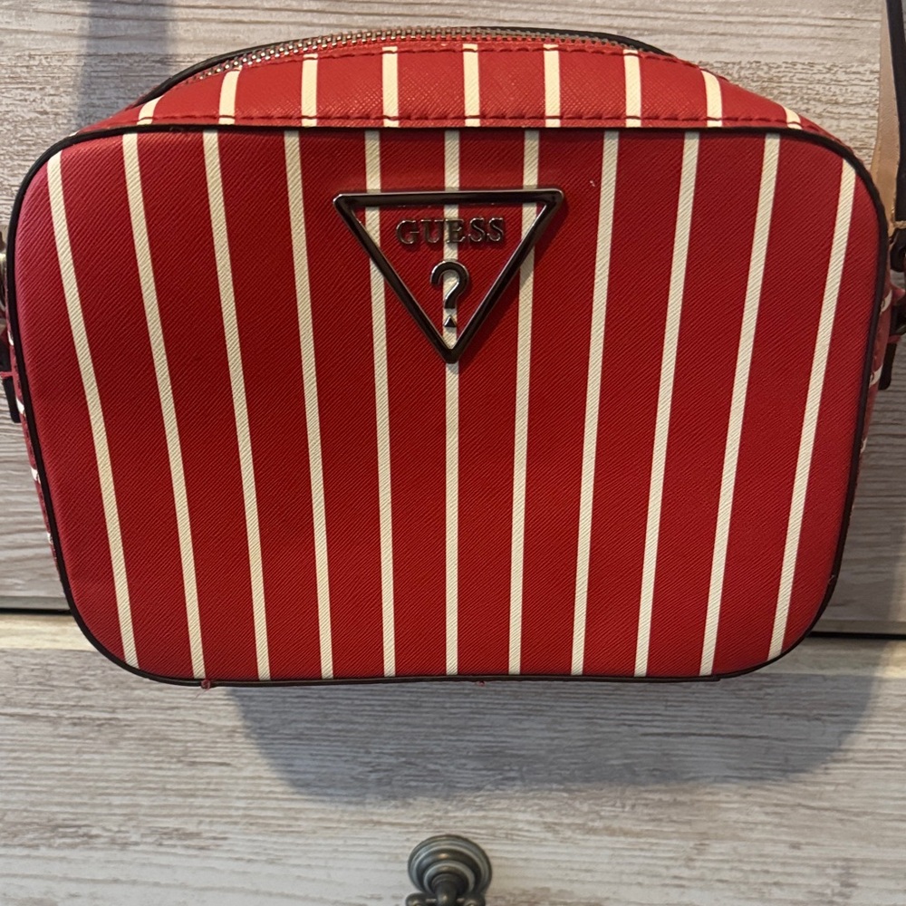 Guess Red and Cream Striped Crossbody Bag